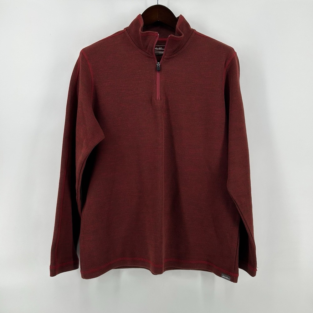 Eddie Bauer Pullover Mens L Burgundy Marled Brushed Knit 1/4 Zip Hiking Camp
